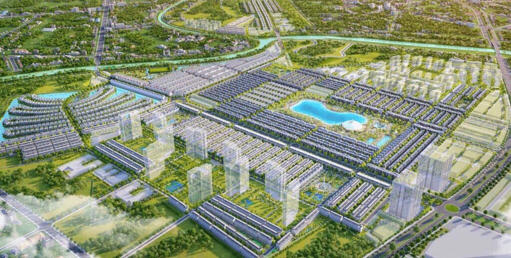 Hình ảnh phối cảnh tổng thể Masteri Era Landmark ( Masteri Ocean Park 3) – khu đô thị cao cấp của Masterise Homes với cảnh quan hồ, công viên và đại lộ trung tâm hiện đại.