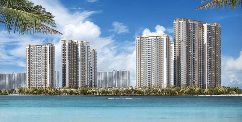 Hình ảnh tổng thể dự án Masteri Waterfront – khu căn hộ cao cấp ven hồ tại Vinhomes Ocean Park, do Masterise Homes phát triển, mang phong cách sống chuẩn quốc tế.