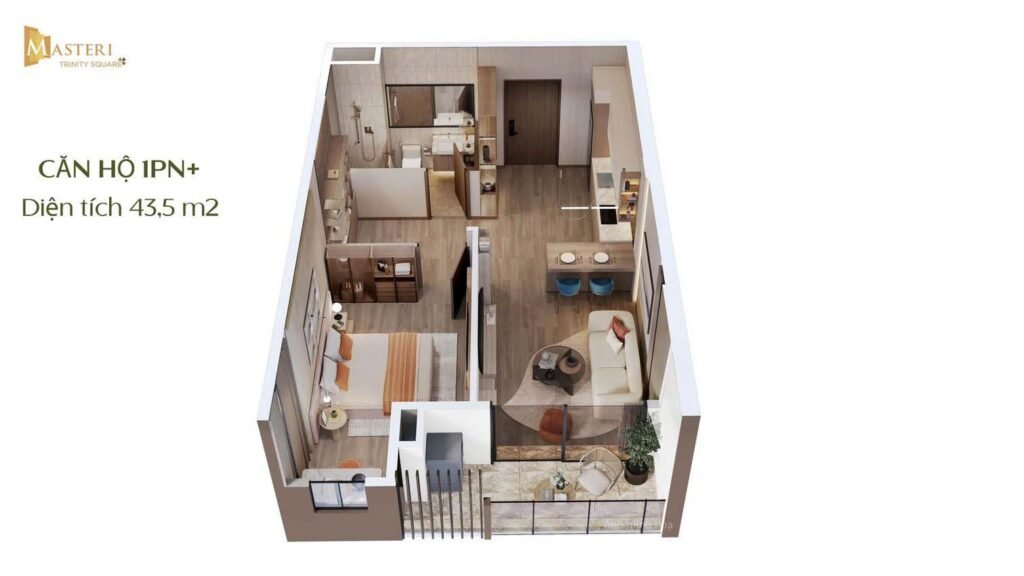 Thiết kế căn hộ 1 phòng ngủ Masteri Era Landmark (Masteri Ocean Park 3) với phòng khách, bếp và ban công rộng thoáng, nội thất sang trọng phong cách hiện đại.