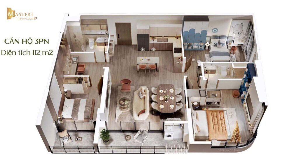 Thiết kế căn hộ 3 phòng ngủ Masteri Era Landmark (Masteri Ocean Park 3) với phòng khách lớn, bếp mở liên thông, 3 phòng ngủ riêng biệt và ban công rộng thoáng hướng hồ.