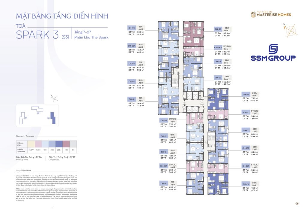 Sơ đồ mặt bằng tầng 7–27 tòa Park 3 – Masteri Era Landmark tại Ocean Park 3, hiển thị bố trí căn hộ và khu tiện ích nội khu hiện đại.