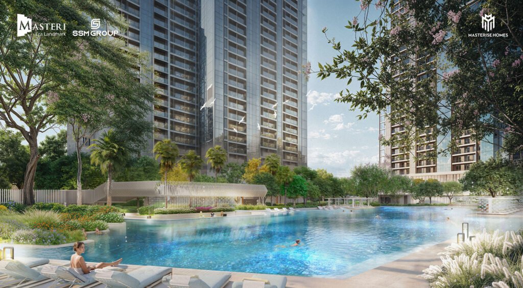 Bể bơi hiện đại tại Masteri Era Landmark, Ocean Park 3, với khu vực tắm nắng, ghế nghỉ và cảnh quan xanh xung quanh.
