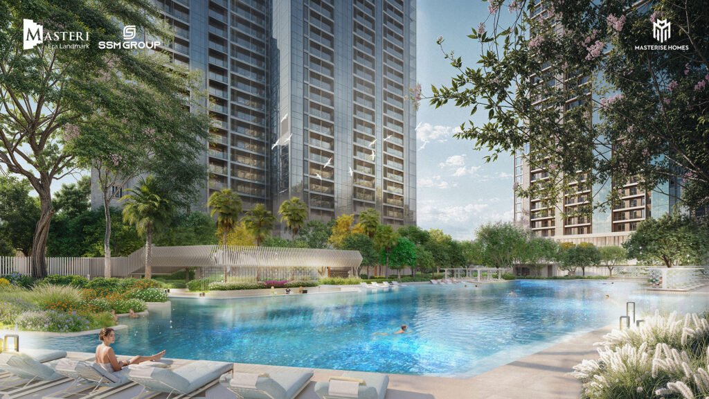 Hình ảnh tiện ích bể bơi cao cấp tại phân khu The Park, thuộc dự án Masteri Era Landmark – Ocean Park 3. Không gian nghỉ dưỡng chuẩn resort, thiết kế sang trọng giữa lòng đại đô thị.