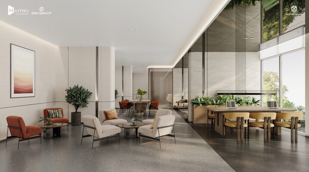 Không gian Business Lounge hiện đại với ghế sofa êm ái, bàn làm việc và ánh sáng tự nhiên tại Masteri Era Landmark, Ocean Park 3